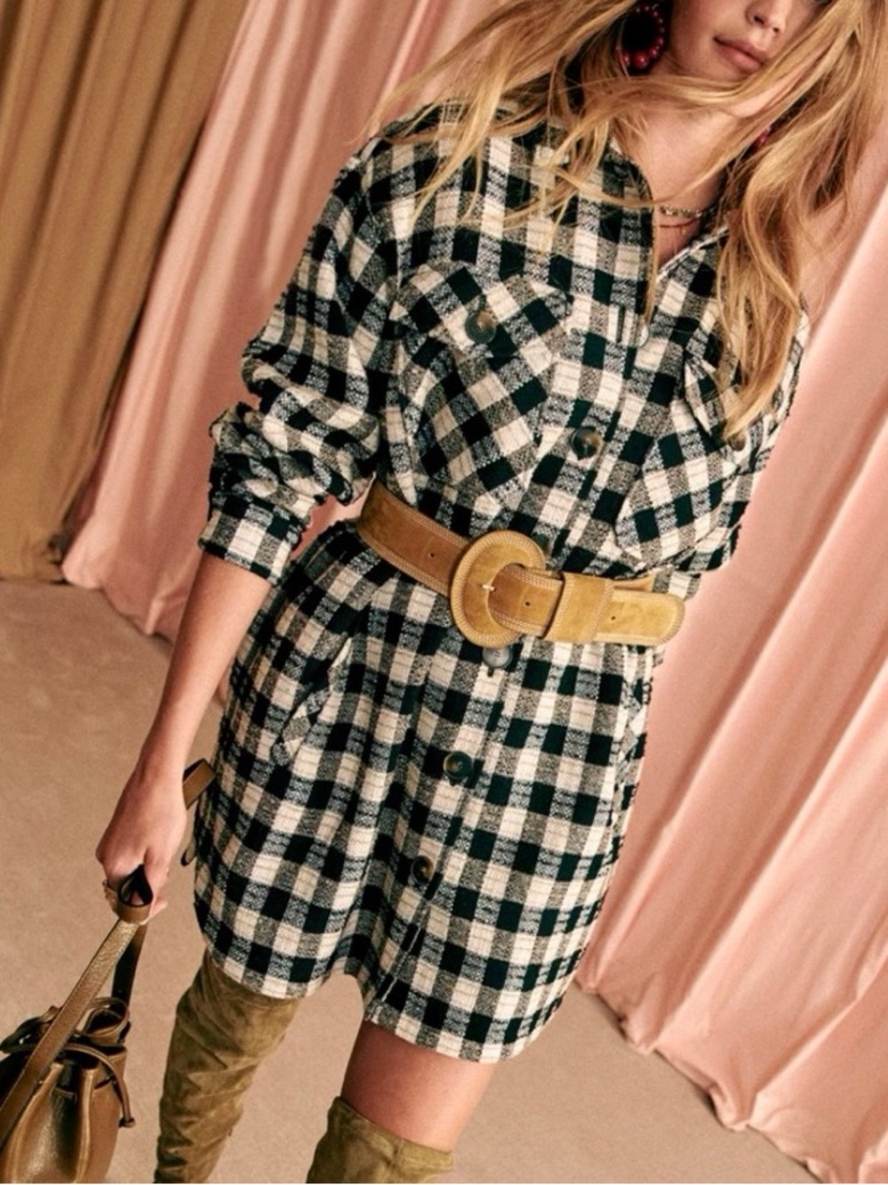 Sézane Delfina Wool Alpaca Mohair Blend Check Gingham Button Shacket Jacket